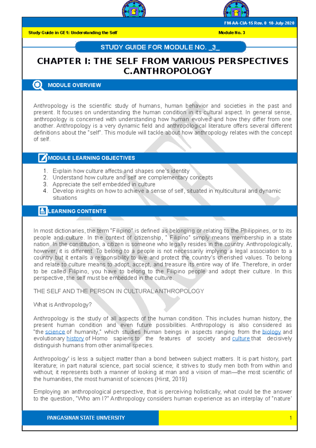 GE1 Module 3 - Anthropology - CHAPTER I: THE SELF FROM VARIOUS ...