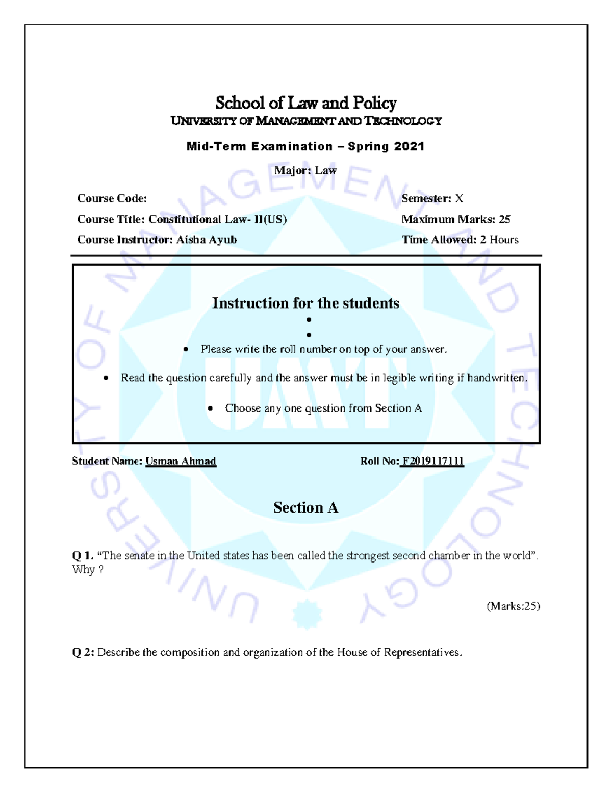 US Constitution Exam final mam aisha ayub School of Law and Policy