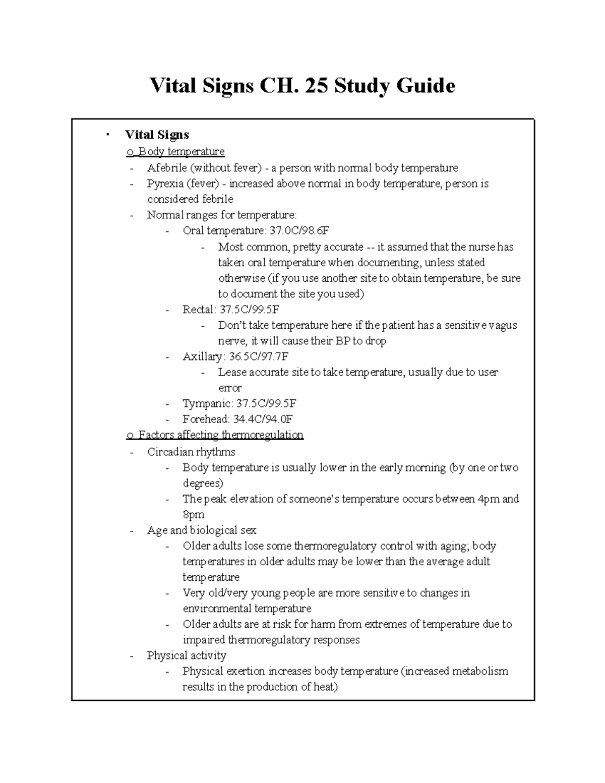 Vital Signs Study Guide Vital Signs CH. 25 Study Guide · Vital Signs