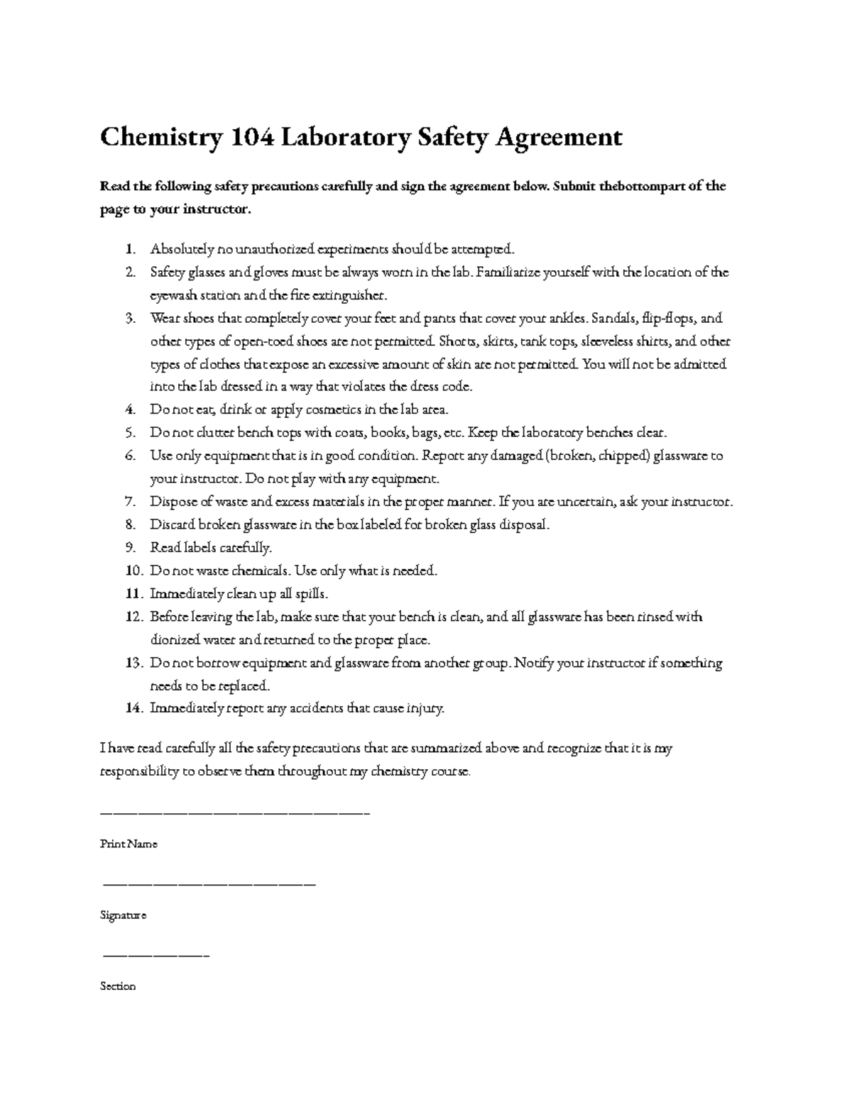 1 - lab safety agreement - Chemistry 104 Laboratory Safety Agreement ...