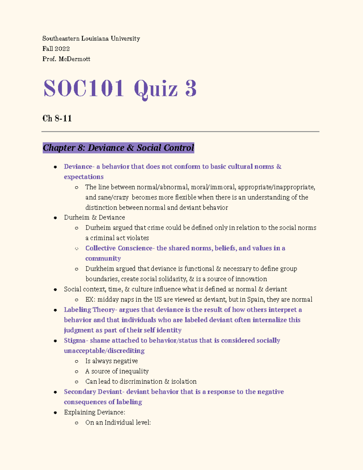 SOC 101 Quiz 3 - Prof. McDermott's Lecture Notes Combined Into A Study ...