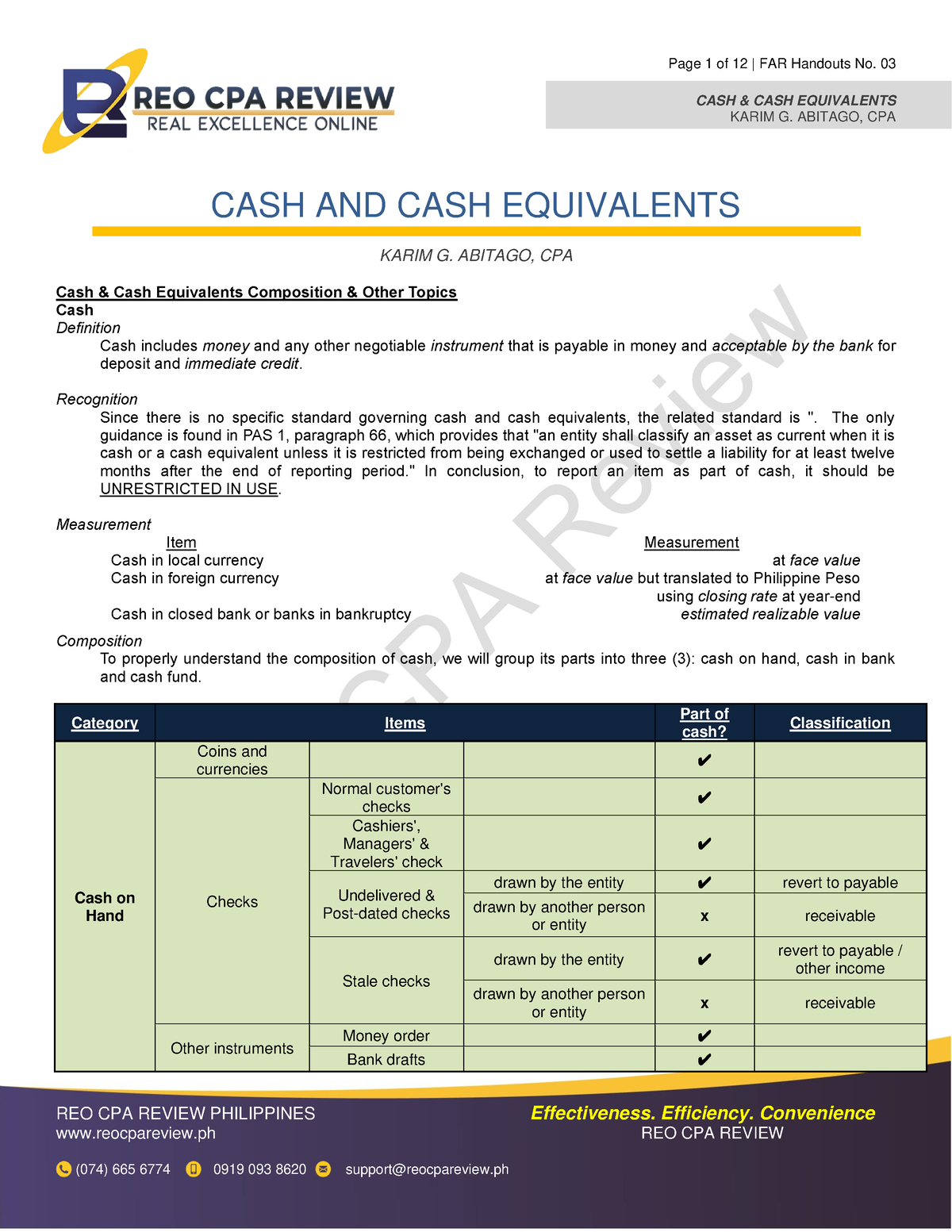 03 Cash And Cash Equivalents - REO CPA Review CASH & CASH EQUIVALENTS ...