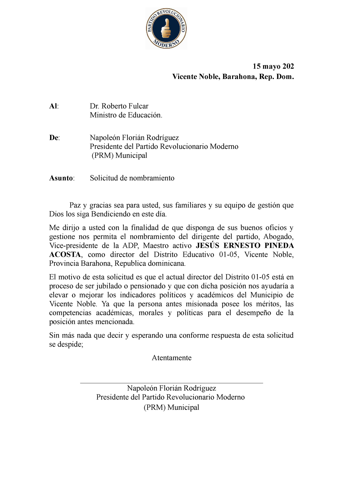 Carta De Solicitud De Nombramiento 15 Mayo 202 Vicente Noble Barahona Rep Dom Al Dr 6397