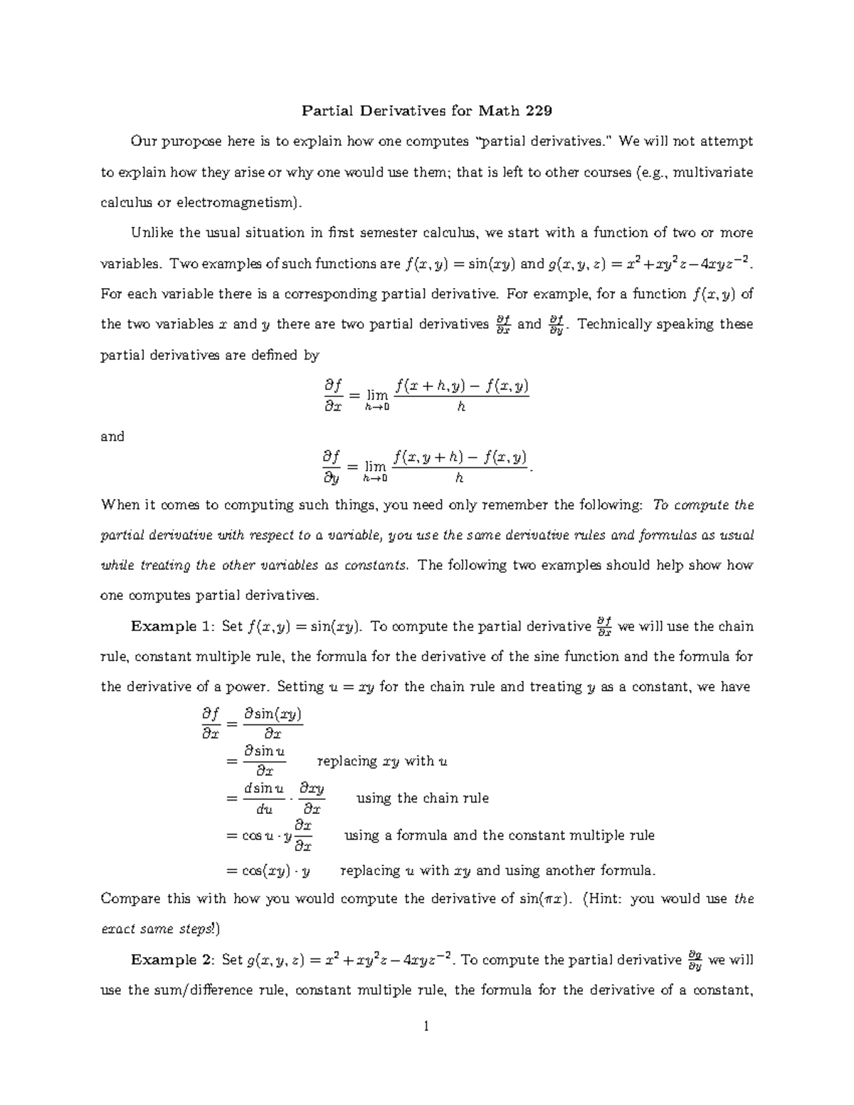 Part-deriv - Lecture notes 20 - Partial Derivatives for Math 229 Our ...