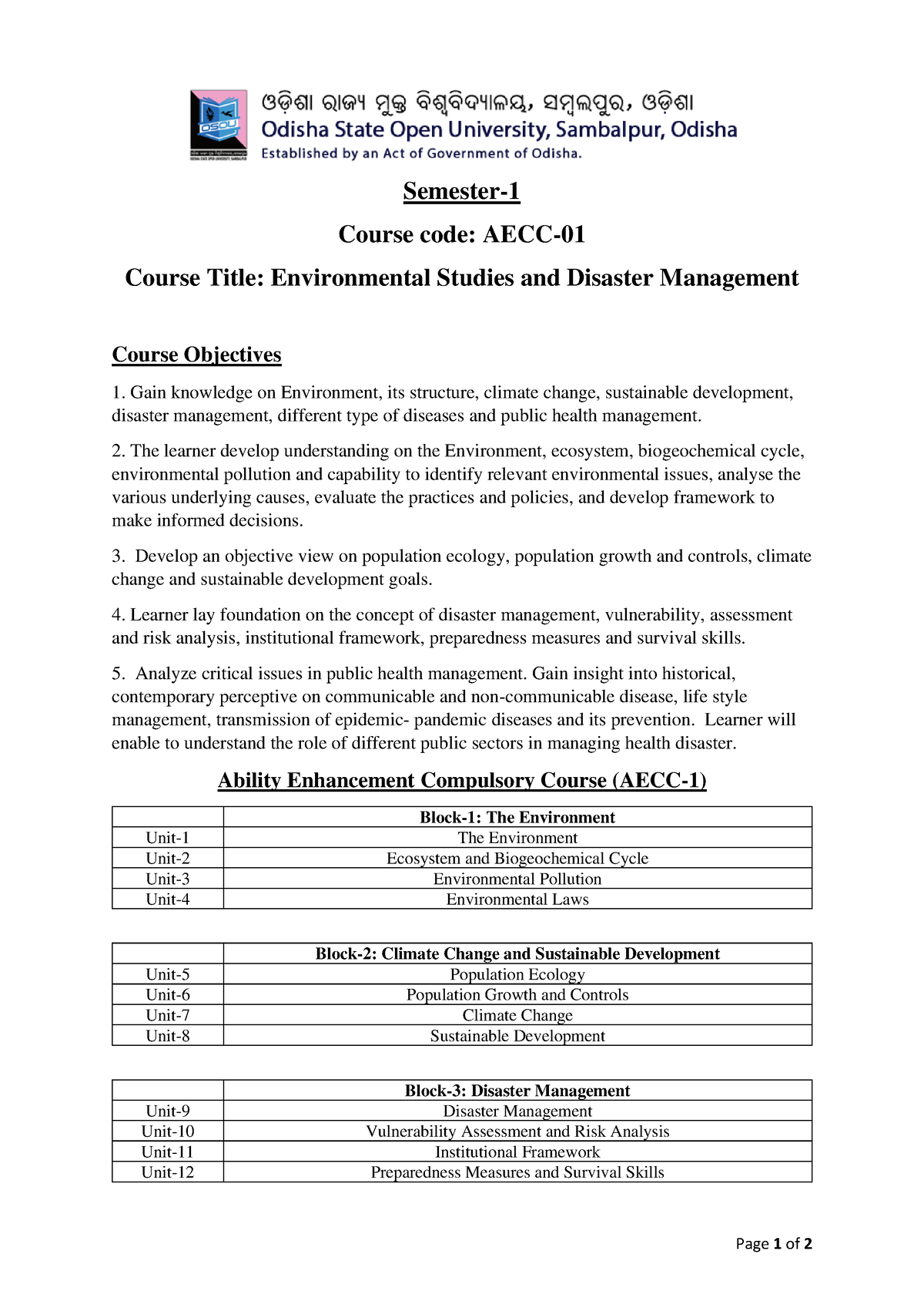 AECC 01 Syllabus 2022 23 - Page 1 Of 2 Semester- Course Code: AECC ...