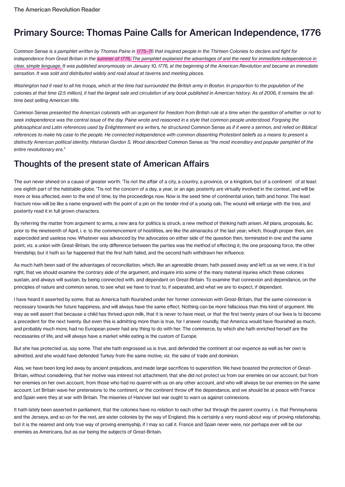 Primary Source Thomas Paine Calls for American Independence, 1776 - The ...