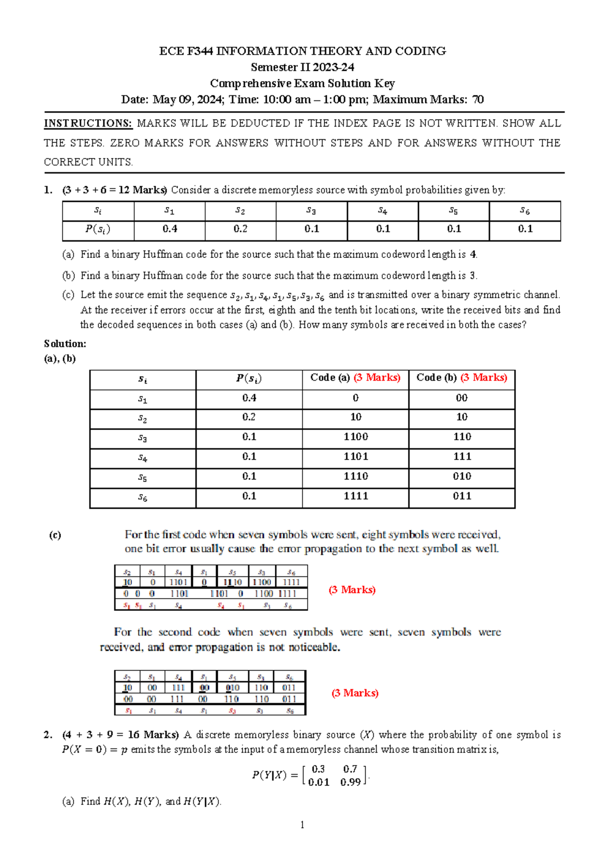 Compre Question paper solution - ECE F344 INFORMATION THEORY AND CODING ...