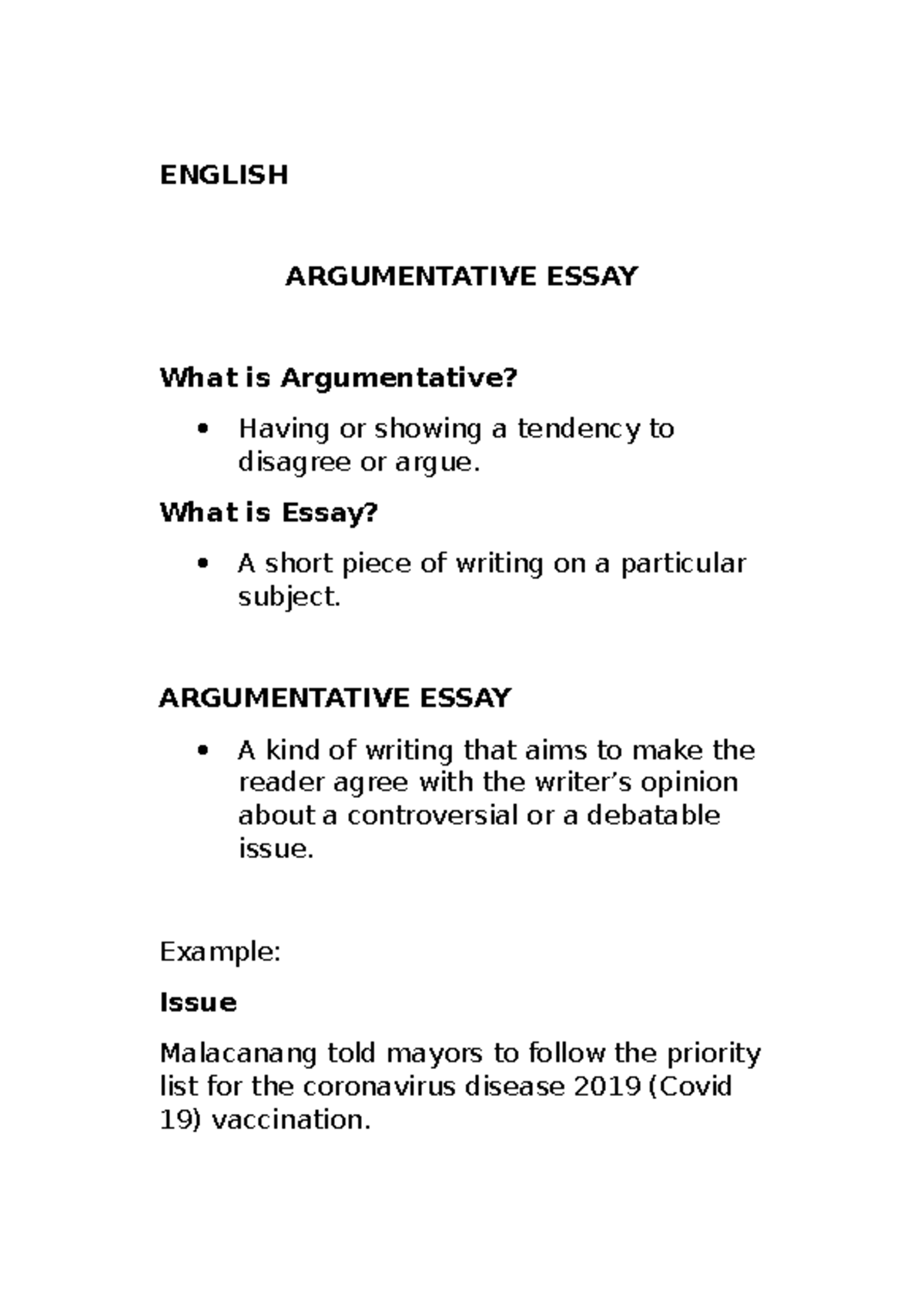 Argumentative essay - Notes - ENGLISH ARGUMENTATIVE ESSAY What is ...