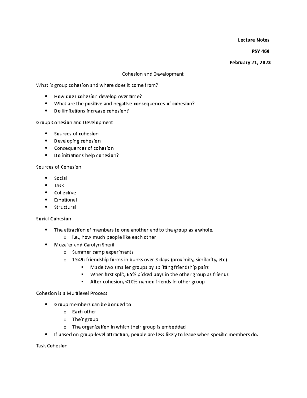 7. Cohesion and Development - Lecture Notes PSY 460 February 21, 2023 ...