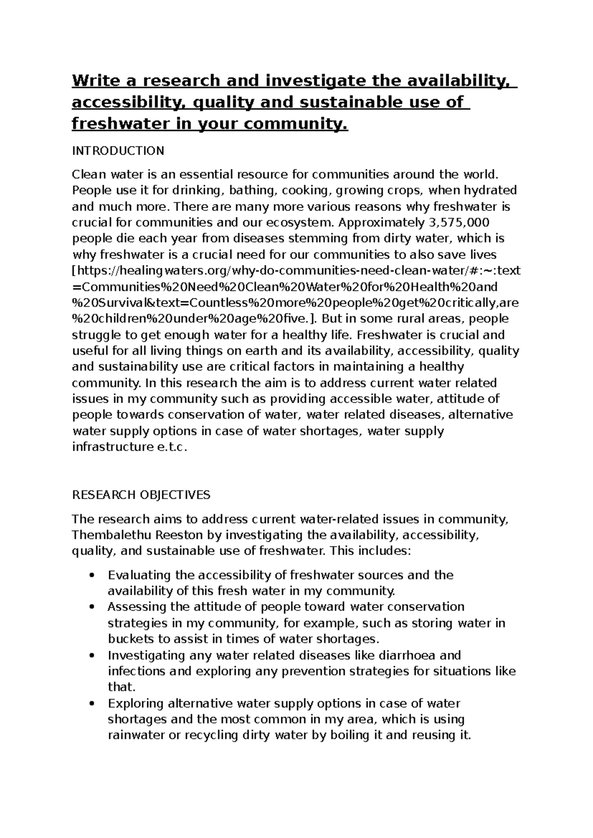 Freshwater importance - Write a research and investigate the ...