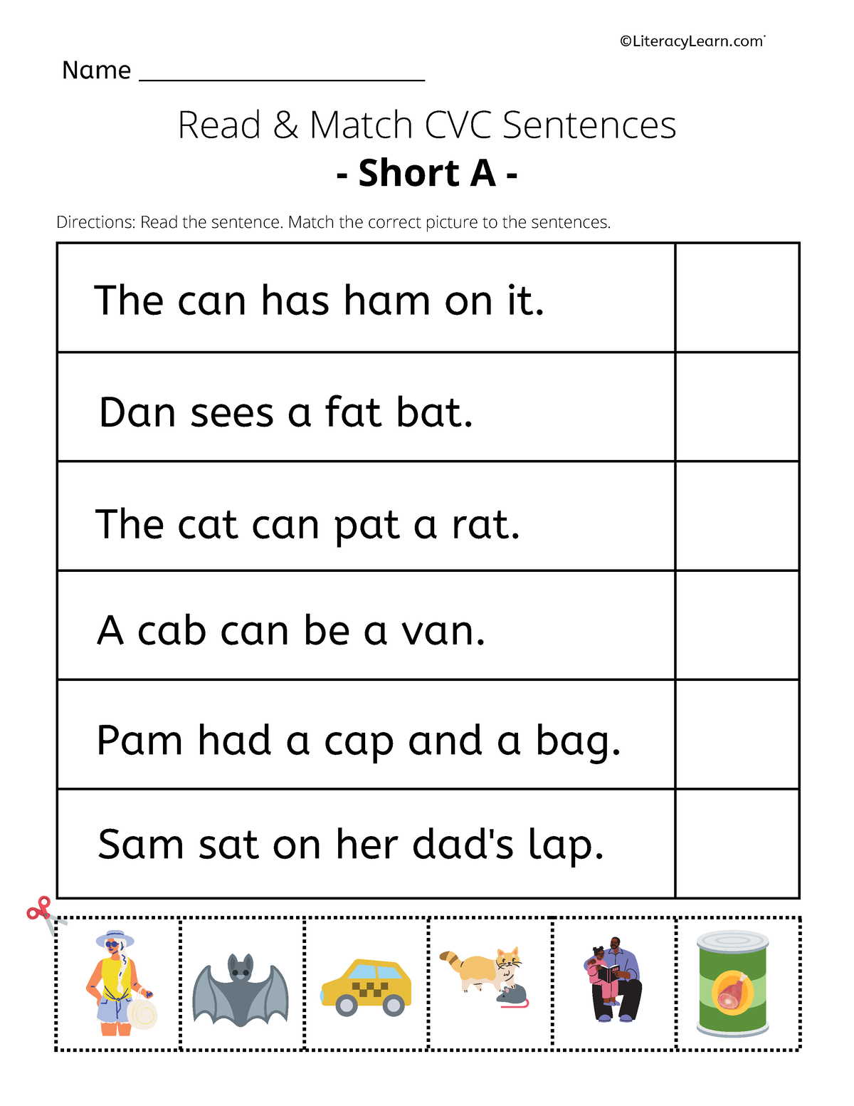 CVC-Sentences-Worksheets - Name ___________________ Read & Match CVC ...