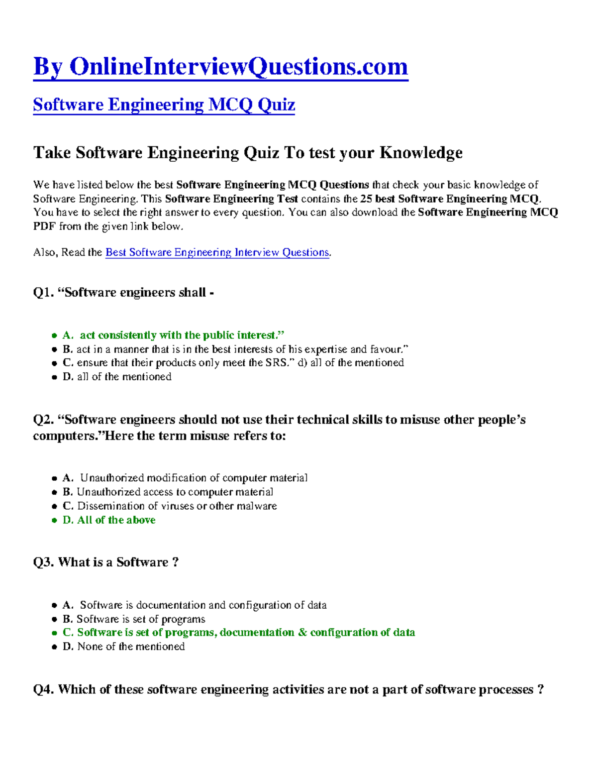 ExampleSEmcq By OnlineInterviewQuestions Software Engineering MCQ