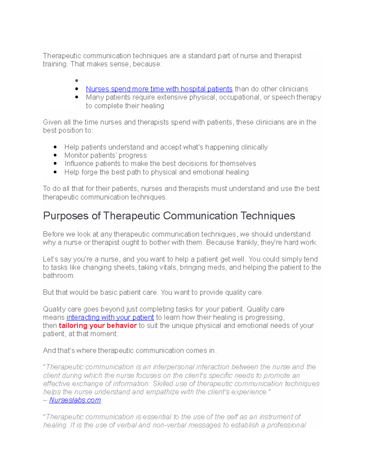 Therapeutic communication techniques are a standard part of nurse and ...