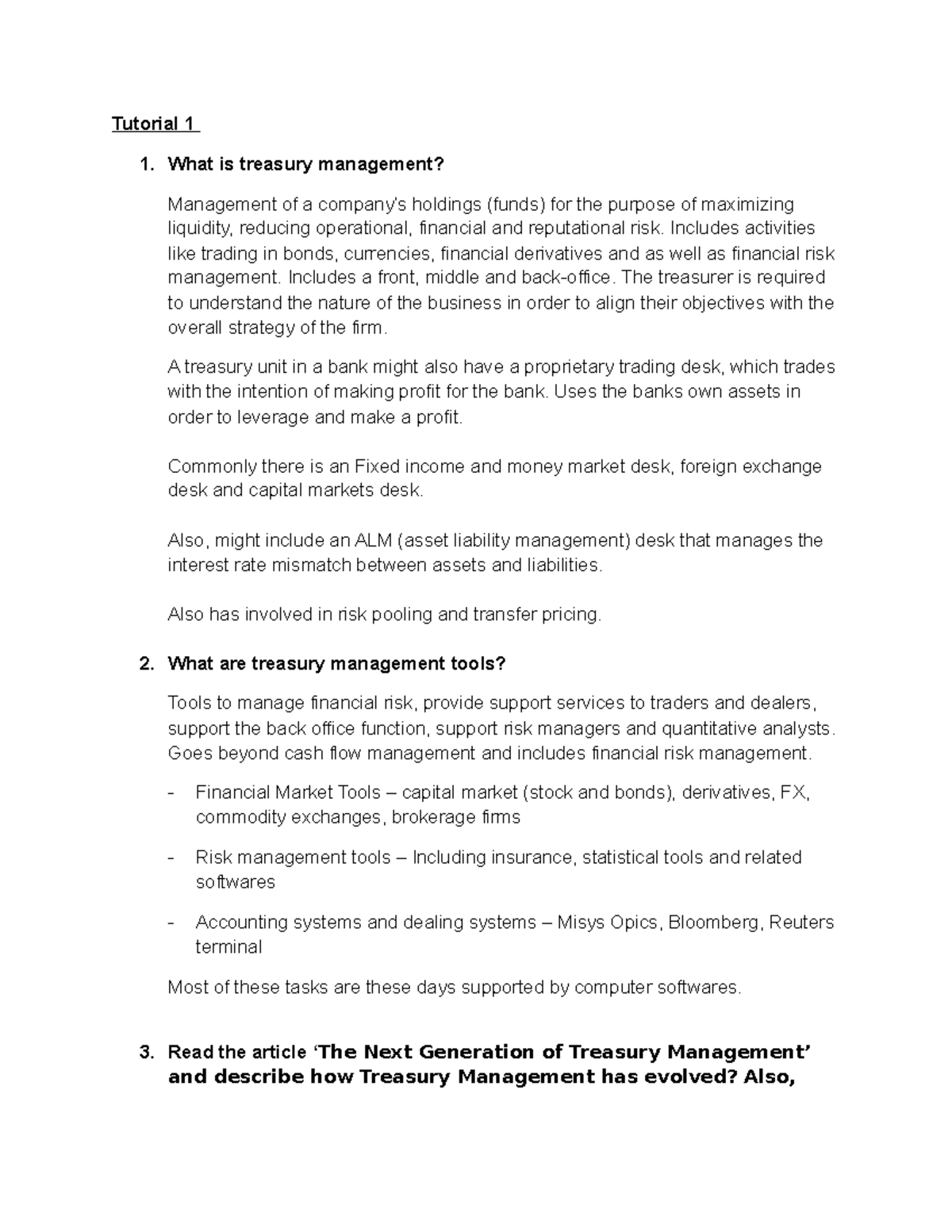 Tutorial 1 Answers Tutorial 1 What Is Treasury Management Management 