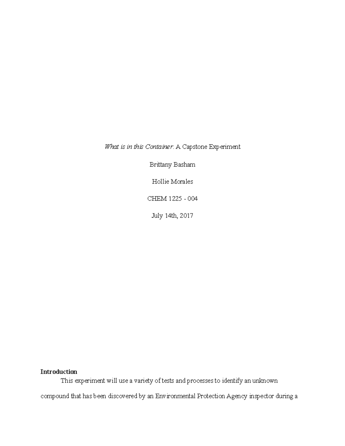 Exp.32 Formal Lab Report ( Example) - What is in this Container: A ...