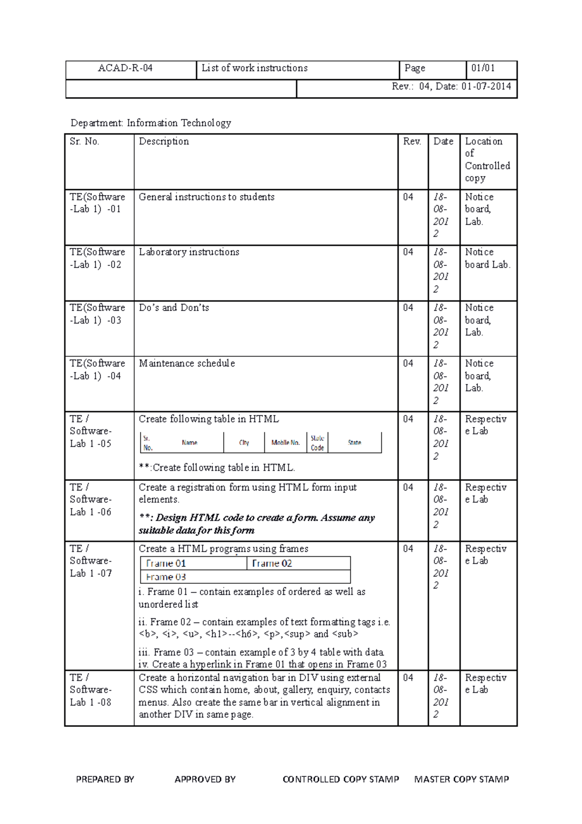 Web Engineering Lab Manual - ACAD-R-04 List of work instructions Page ...