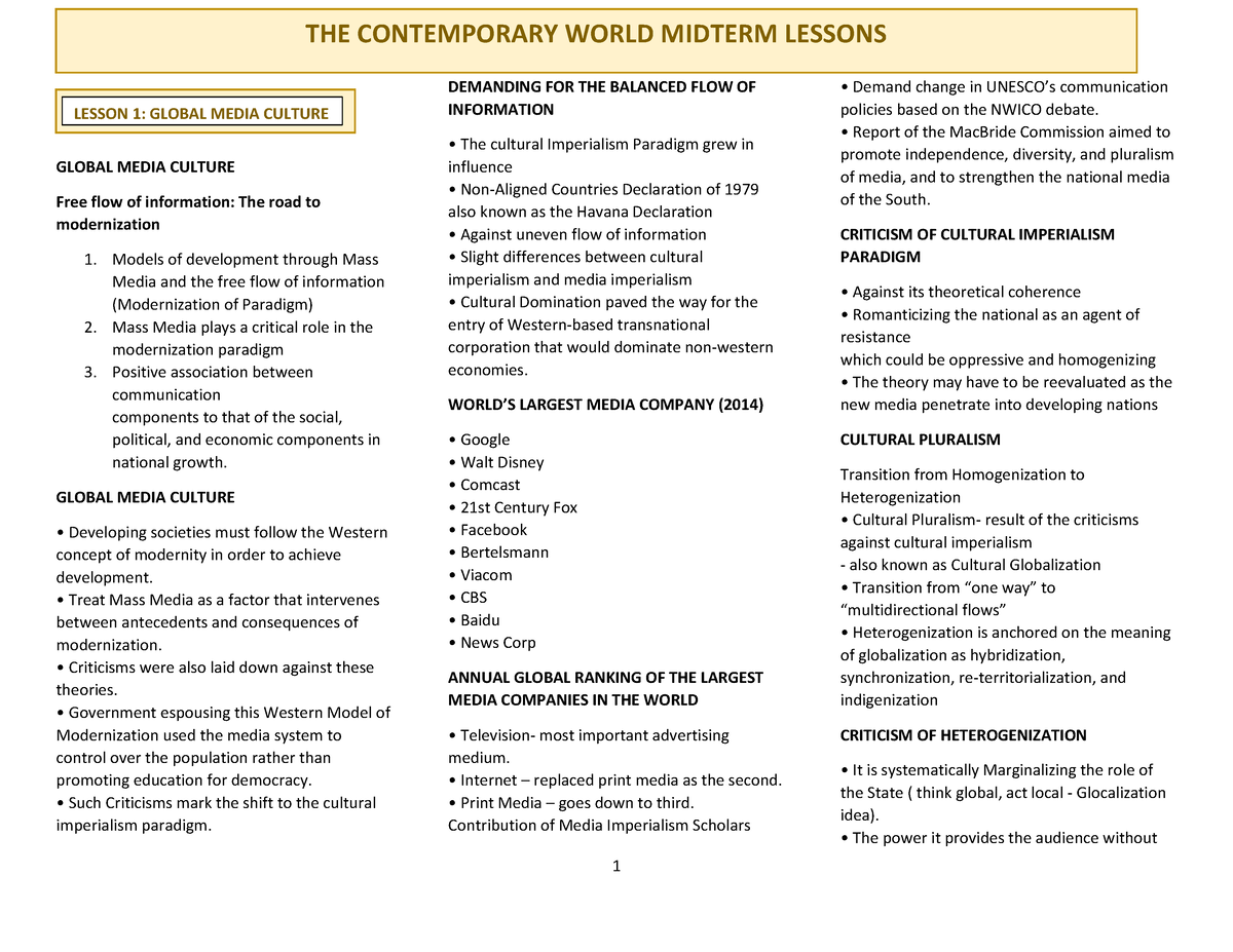 Contemporary World- Reviewer Midterm ...