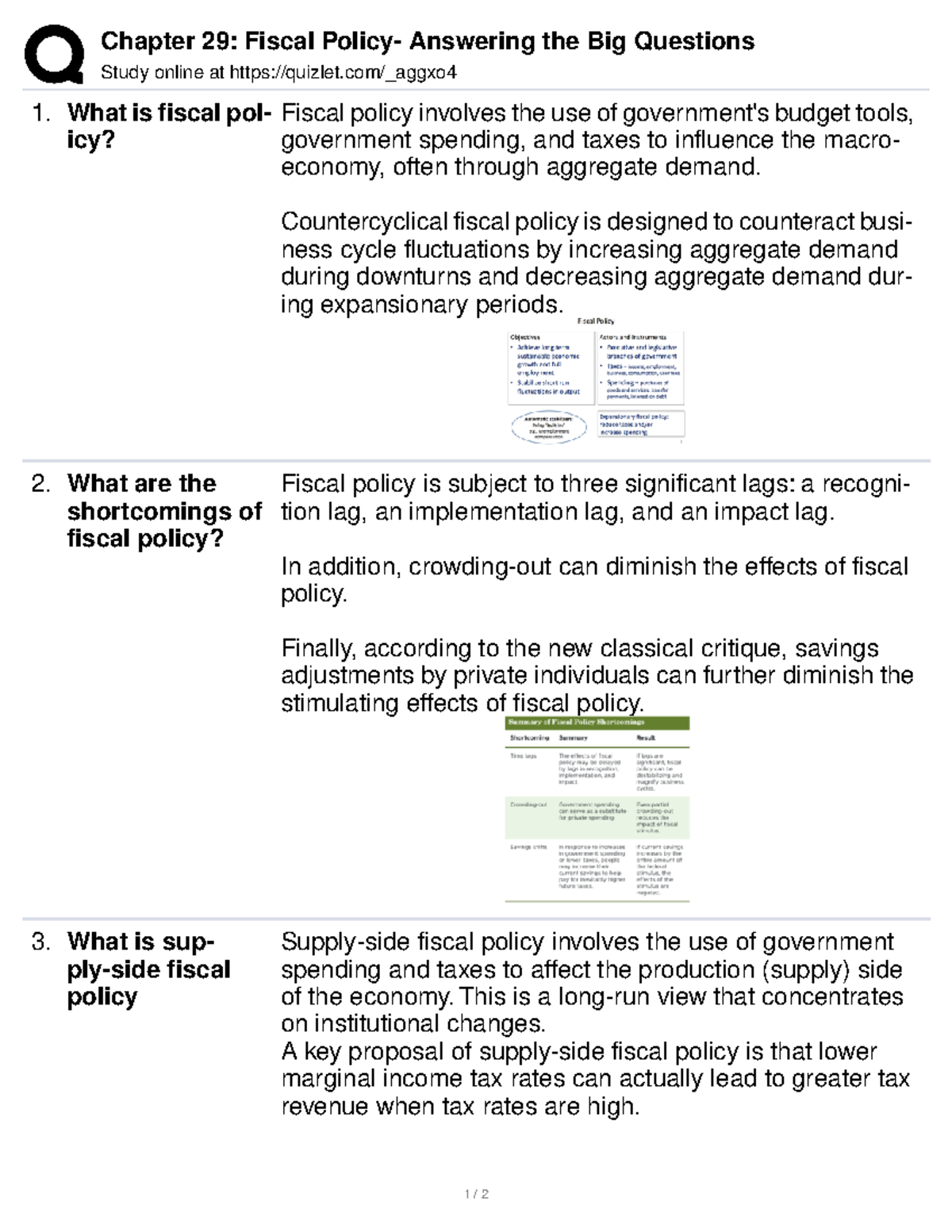 Chapter 29 Fiscal Policy Answering the Big Questions Chapter 29