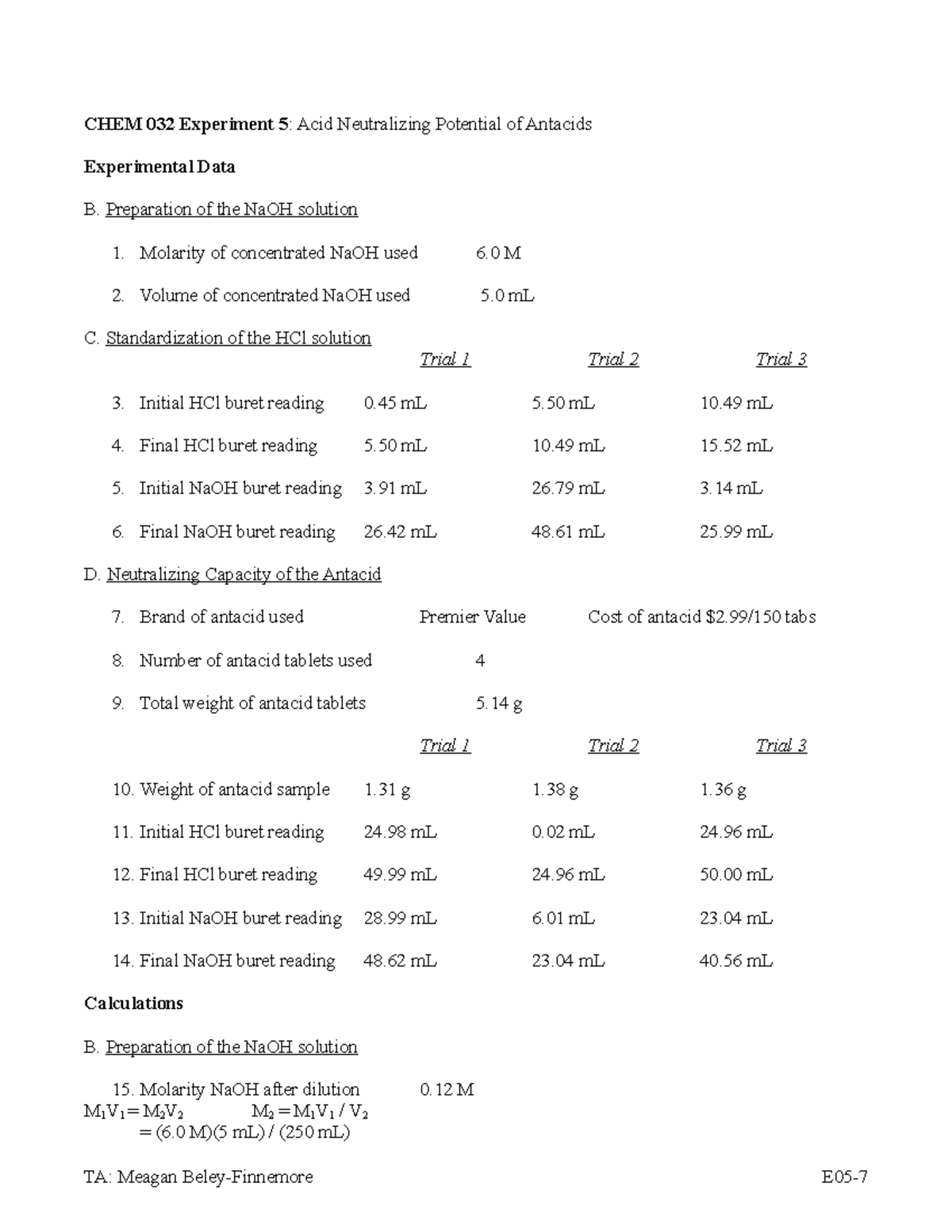 Lab 5 Antacids-Report Sheets - Experimental Data B. Preparation Of The ...