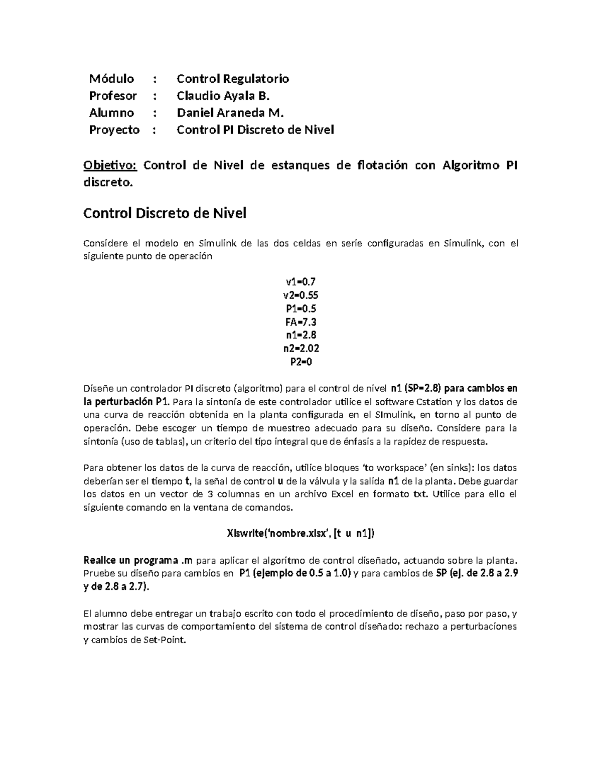Trabajo control digital directo - Módulo : Control Regulatorio Profesor ...
