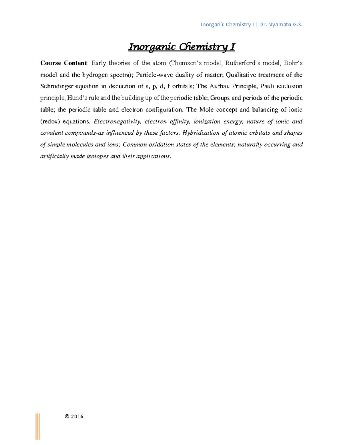 Inorganic Chemistry notes - Inorganic Chemistry I Course Content model ...