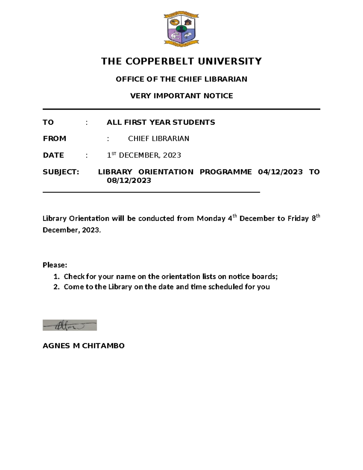 1701440868 Orientation Notice AND Schedule - THE COPPERBELT UNIVERSITY ...