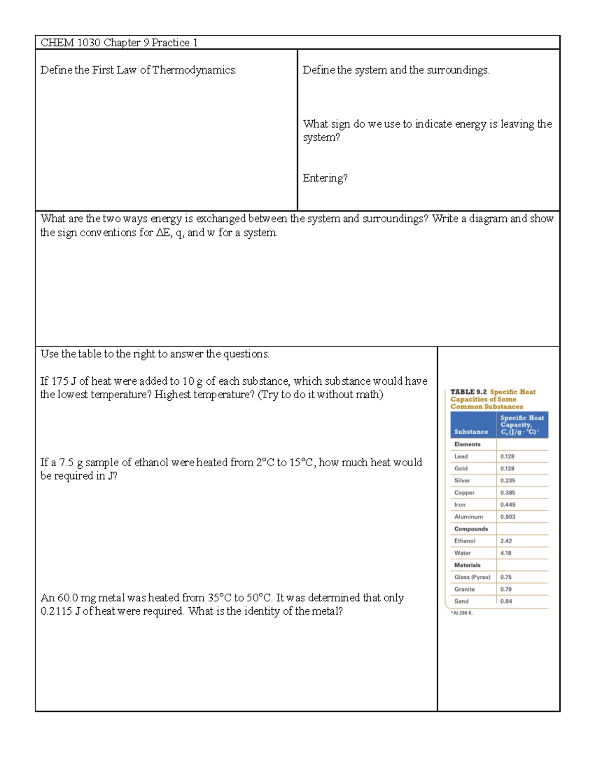 Chapter 9 Practice Sheet 1 - CHEM 1030 Chapter 9 Practice 1 Define the ...