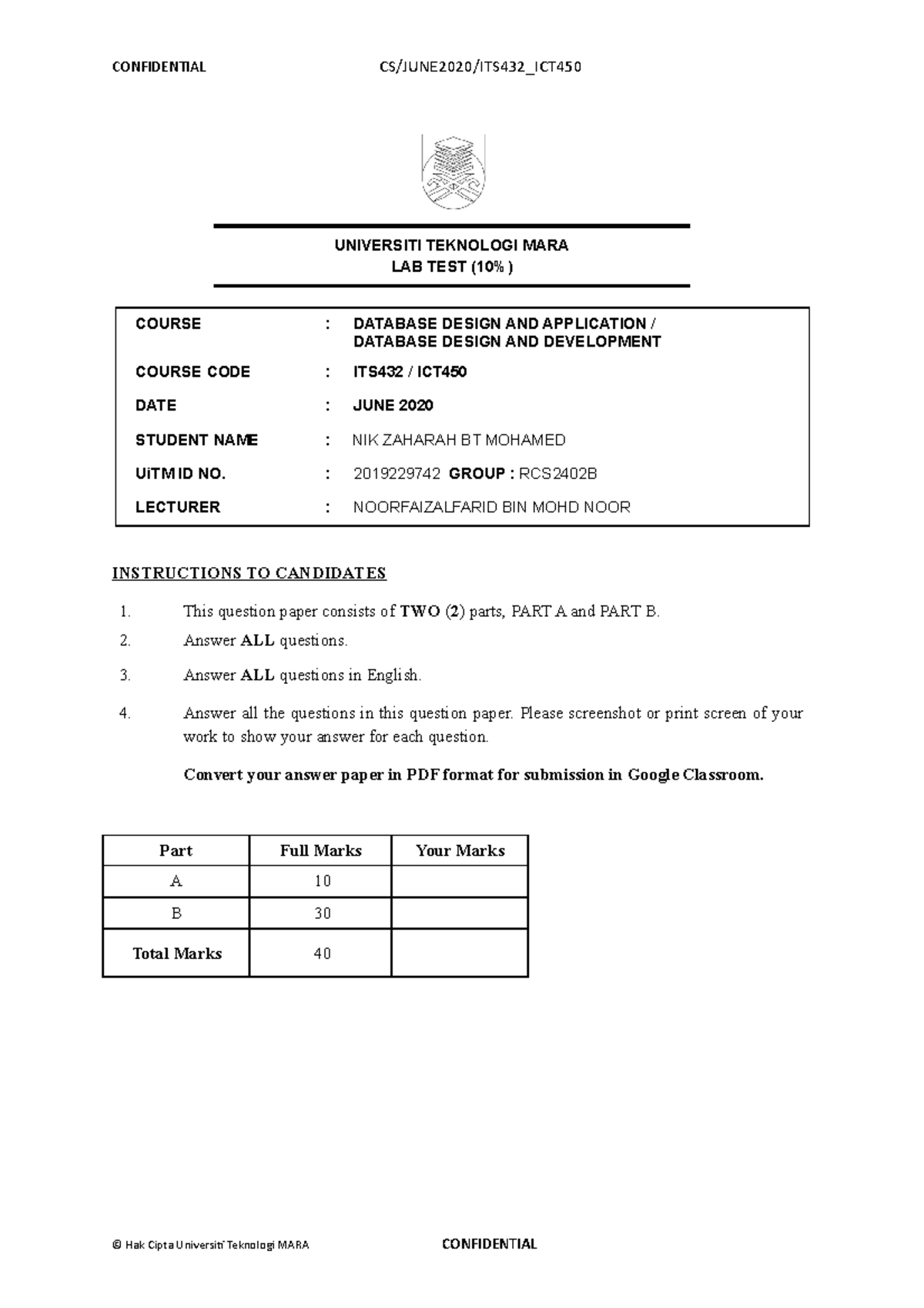 ITS432 ICT450 Lab Test Jun2020 Question - UNIVERSITI TEKNOLOGI MARA LAB ...