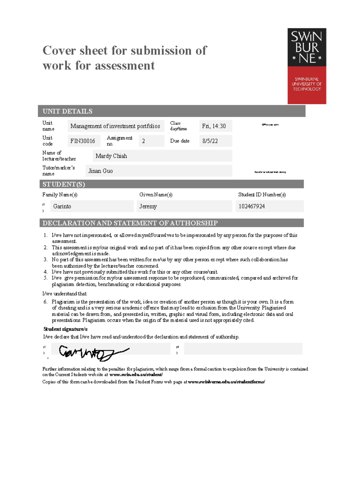 FIN30016 Assignment 2 102467924 - Cover sheet for submission of work ...