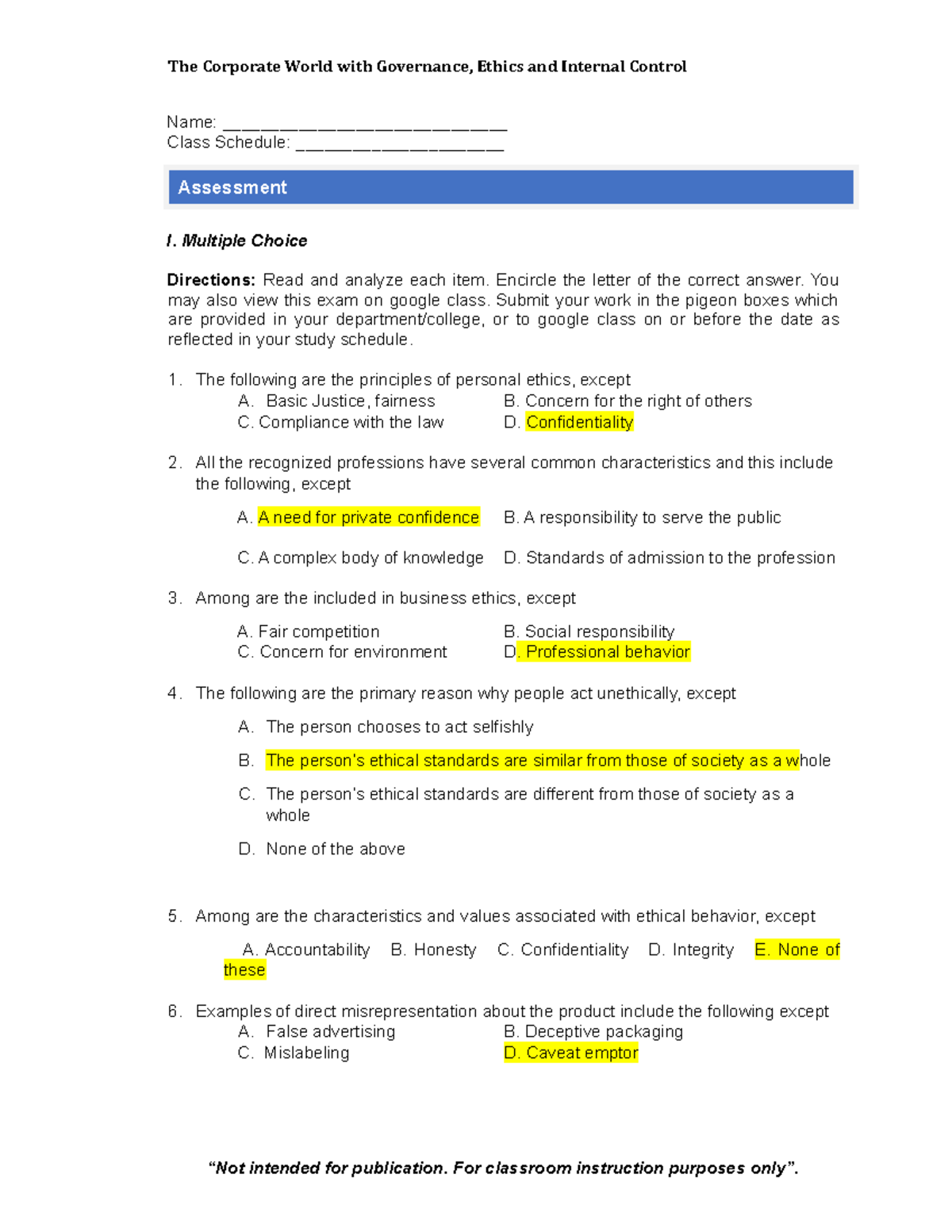UNIT II Assessment Business Ethics - Name ...