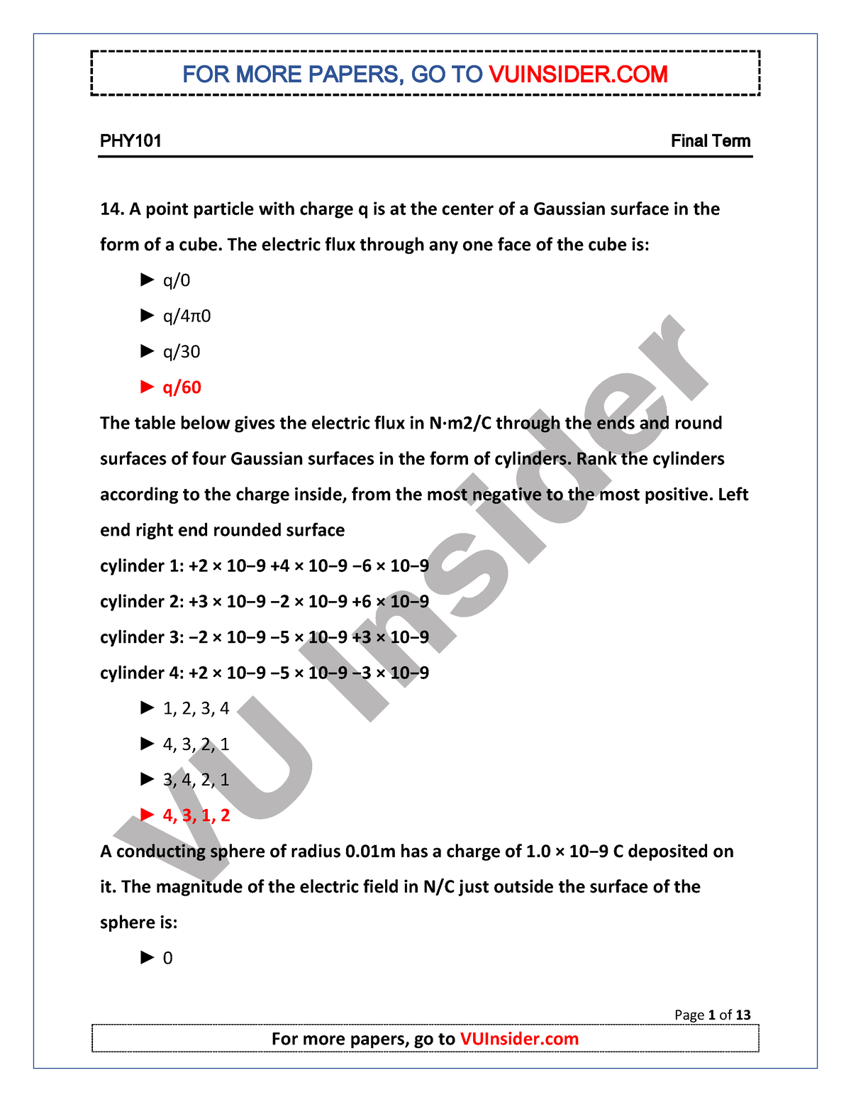 PHY101 Final Term Past Paper 2 - PHY1 01 Final Term Page 1 Of 13 14. A ...