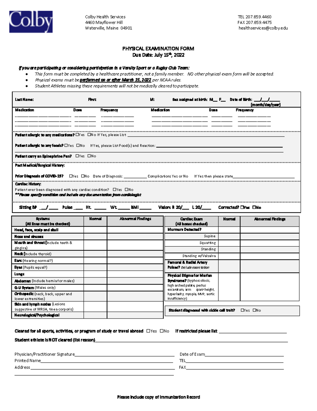 Physical Exam Form 2026 Final 5 - Please include copy of Immunization ...