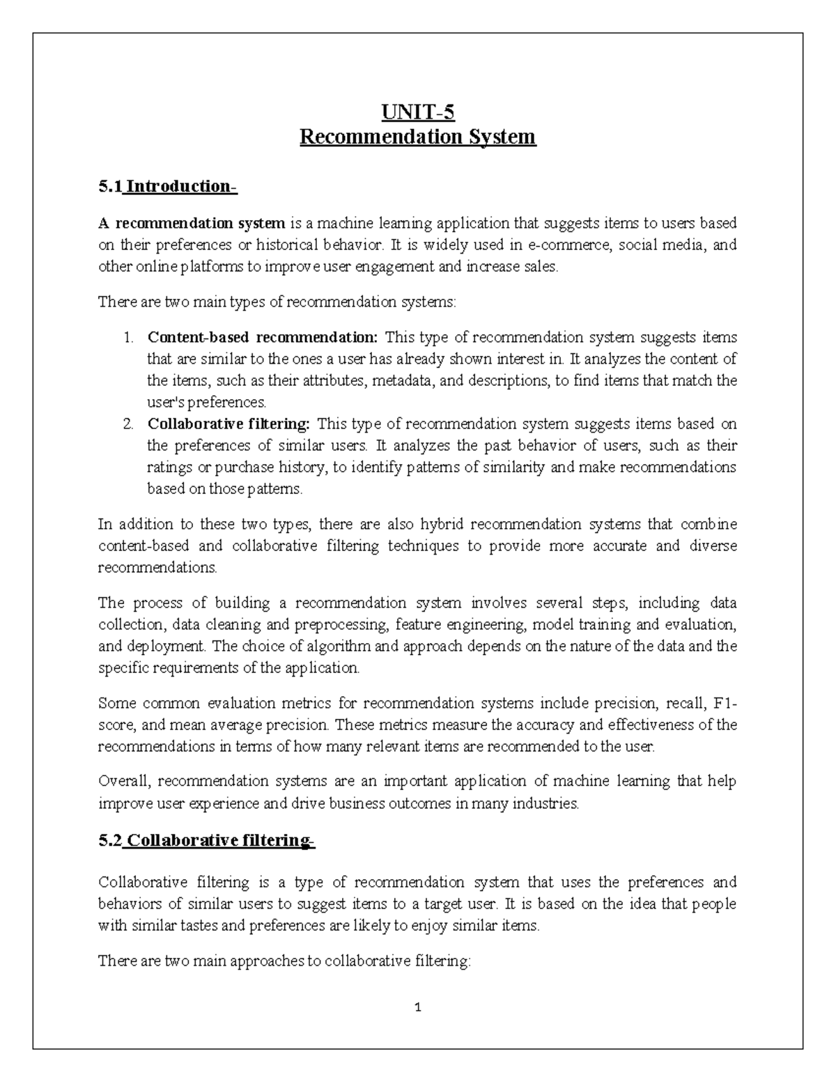ML-unit 5 - Machine Learning Course - UNIT- Recommendation System 5 ...