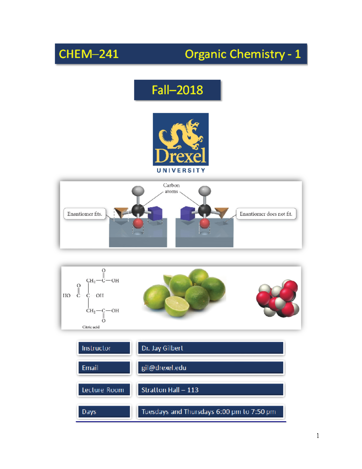 CHEM 241 Syllabus Fall-2018 - 1 Chemistry 241 (CRN 10105) A. Course ...