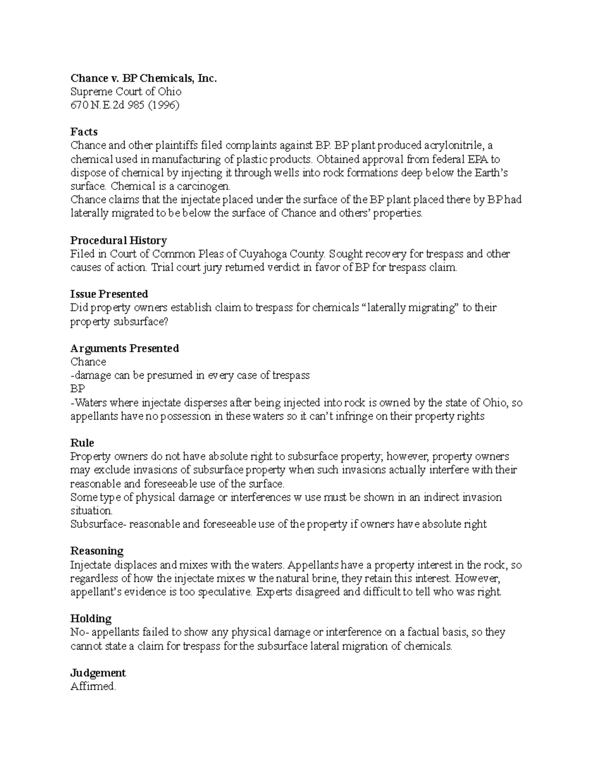 Chance v. BP Chemicals Case brief. Chance v. BP Chemicals, Inc