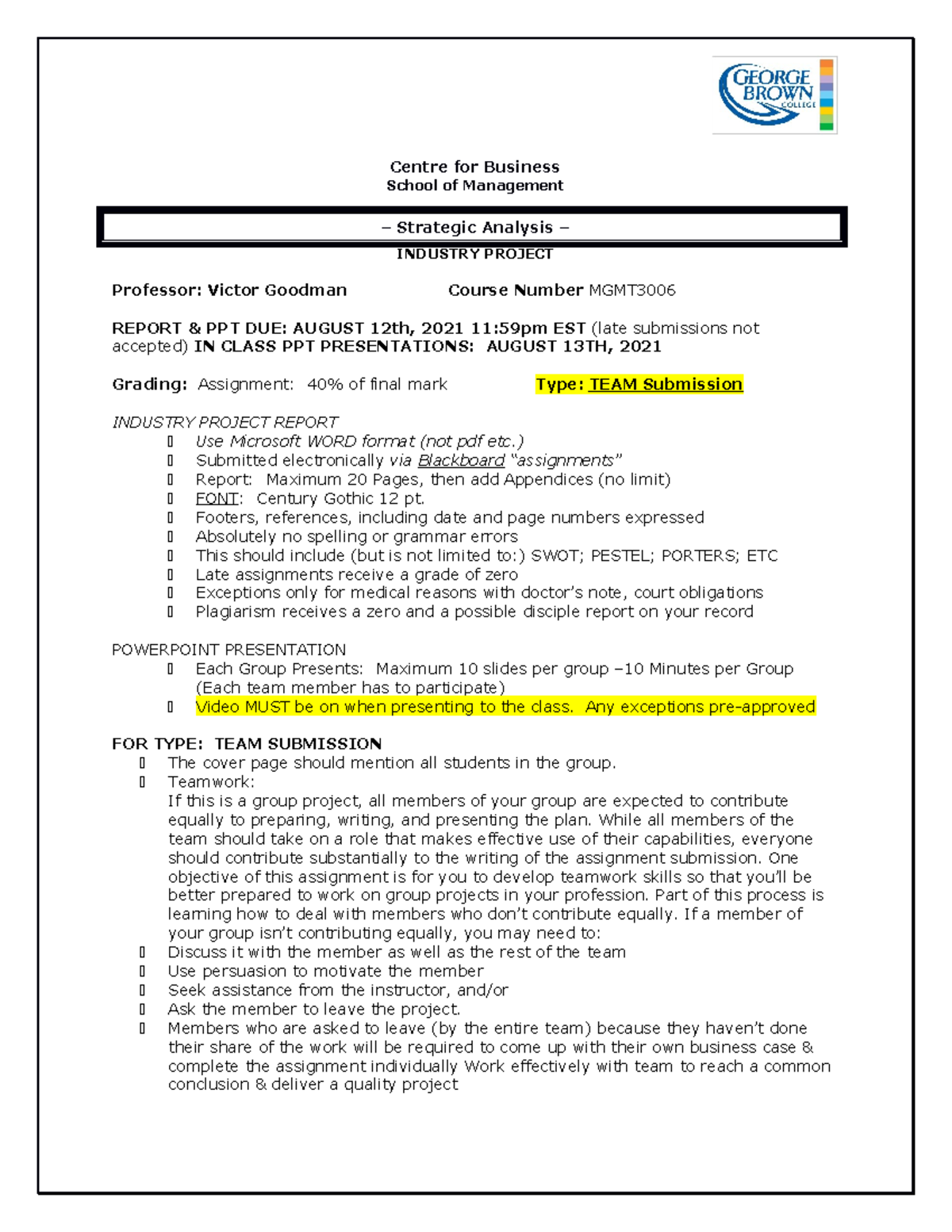 Industy Project Assignment- MGMT3006 - Centre for Business School of ...