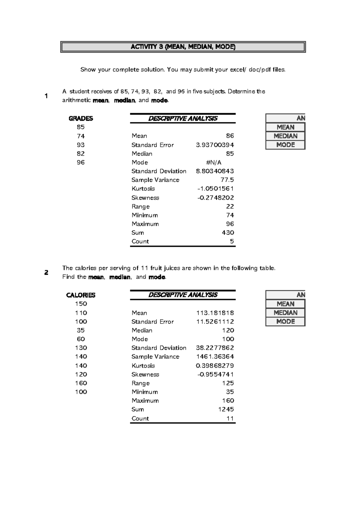 Math - math - GRADES DESCRIPTIVE ANALYSIS 85 MEAN 74 Mean 86 MEDIAN 93 ...