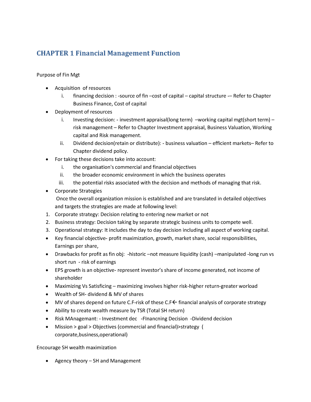 F9 Theory Notes - CHAPTER 1 Financial Management Function Purpose Of ...