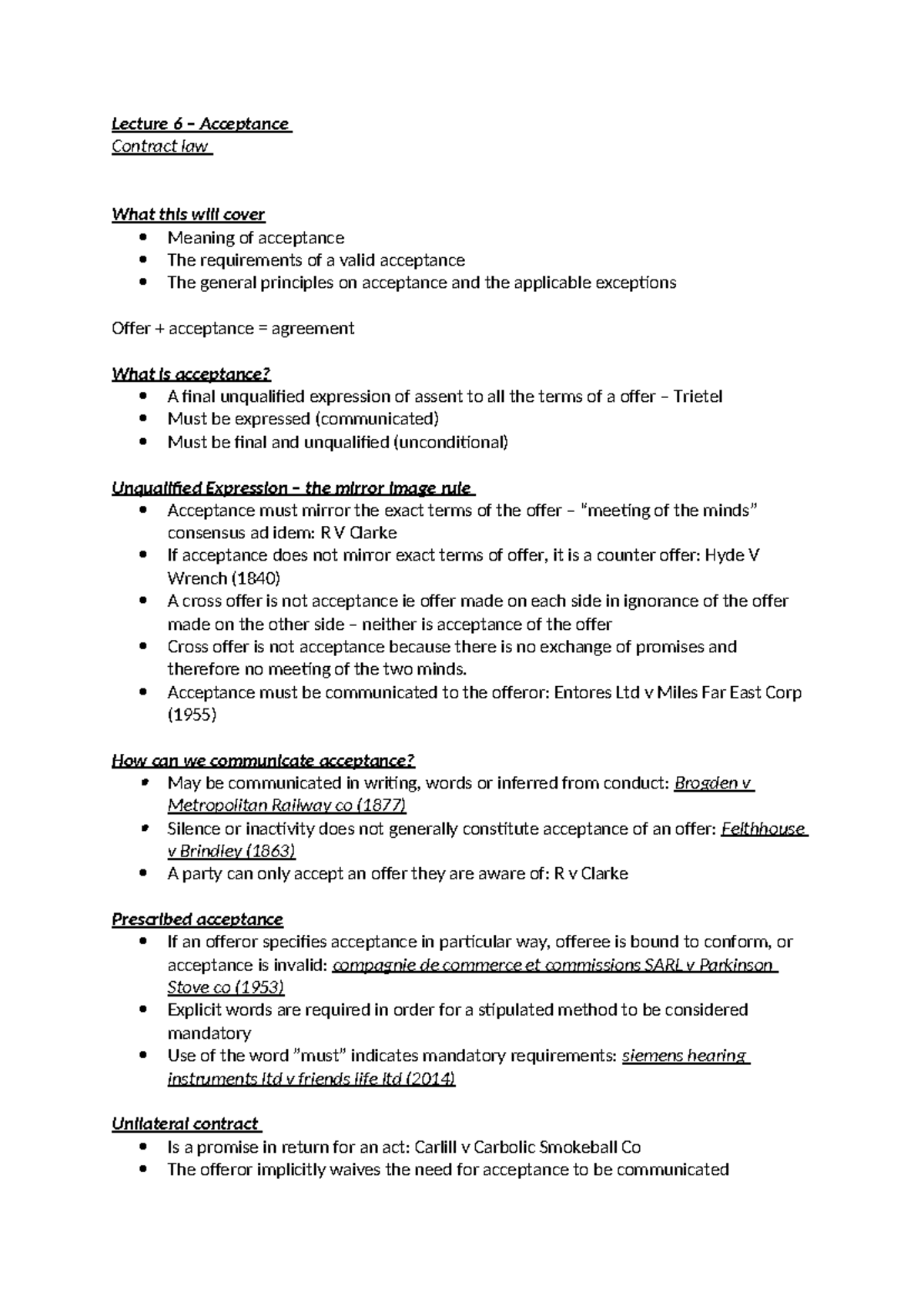 Lecture 6 – Acceptance - Lecture 6 – Acceptance Contract law What this ...