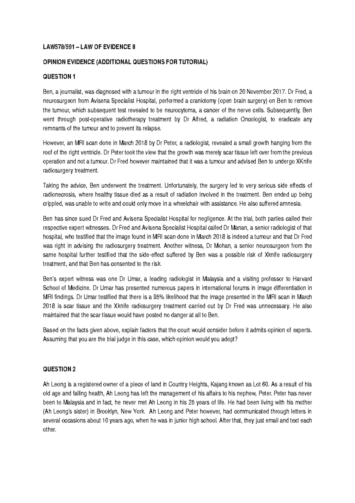 1. tutorial opinion evidence - LAW578/591 – LAW OF EVIDENCE II OPINION ...