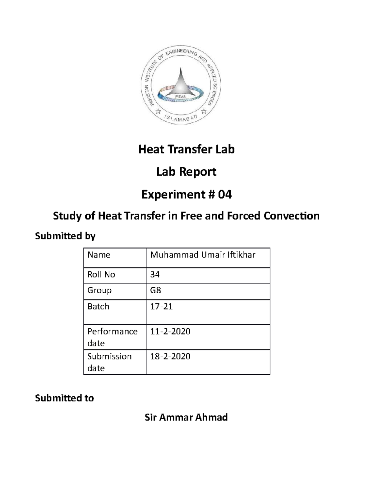 Ex 4 assignment Heat Transfer Lab Lab Report Experiment 04 Study