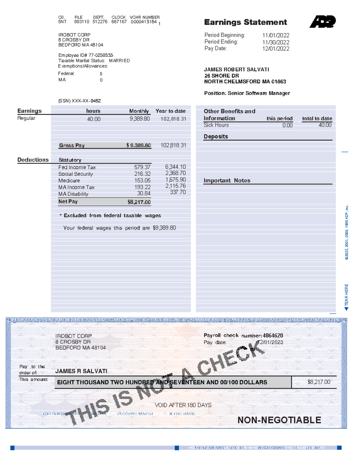 James R Salvati Pay Stub - TEAR HERE © 2, 2001, 2000, 1999 A DP , Inc ...