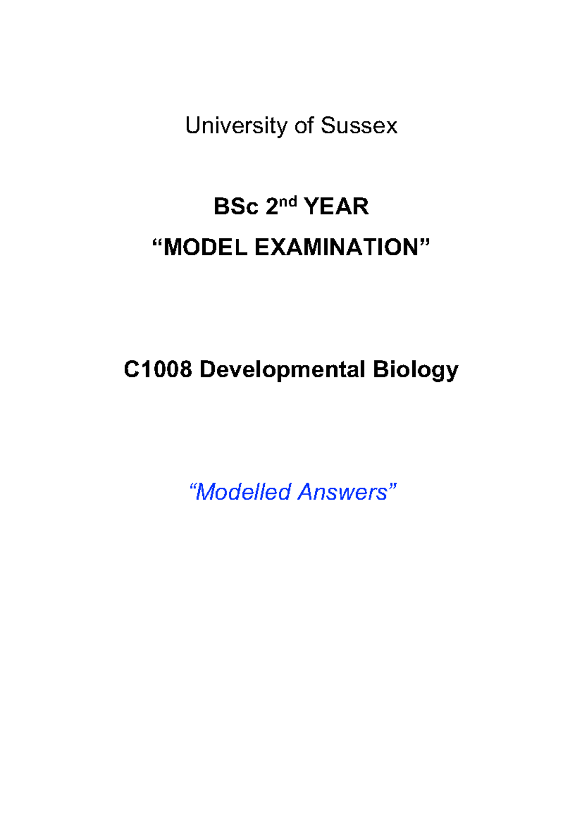 Developmental Biology mock paper (with answers) - University of Sussex ...