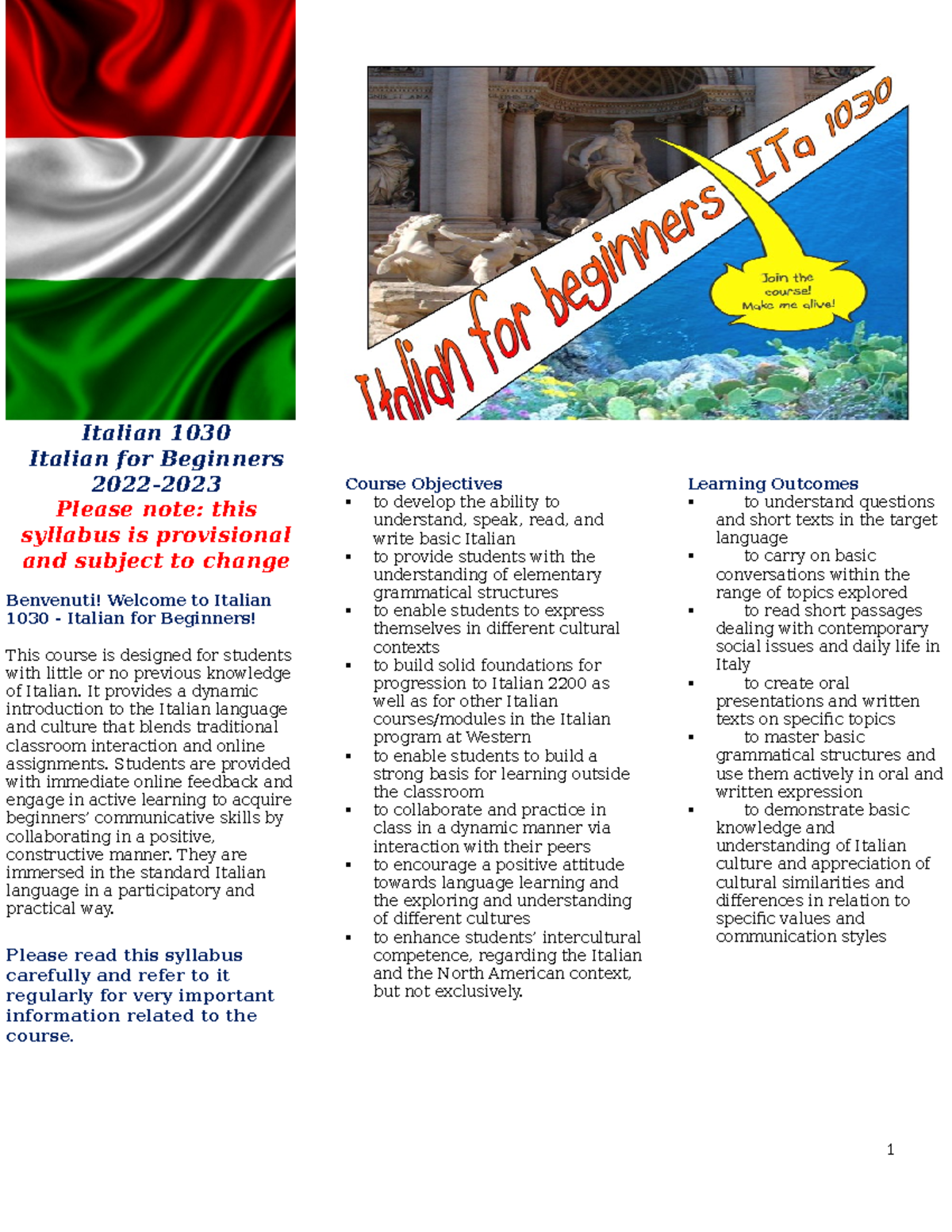 Italian 1030 Syllabus Tentative - Italian 1030 Italian for Beginners ...