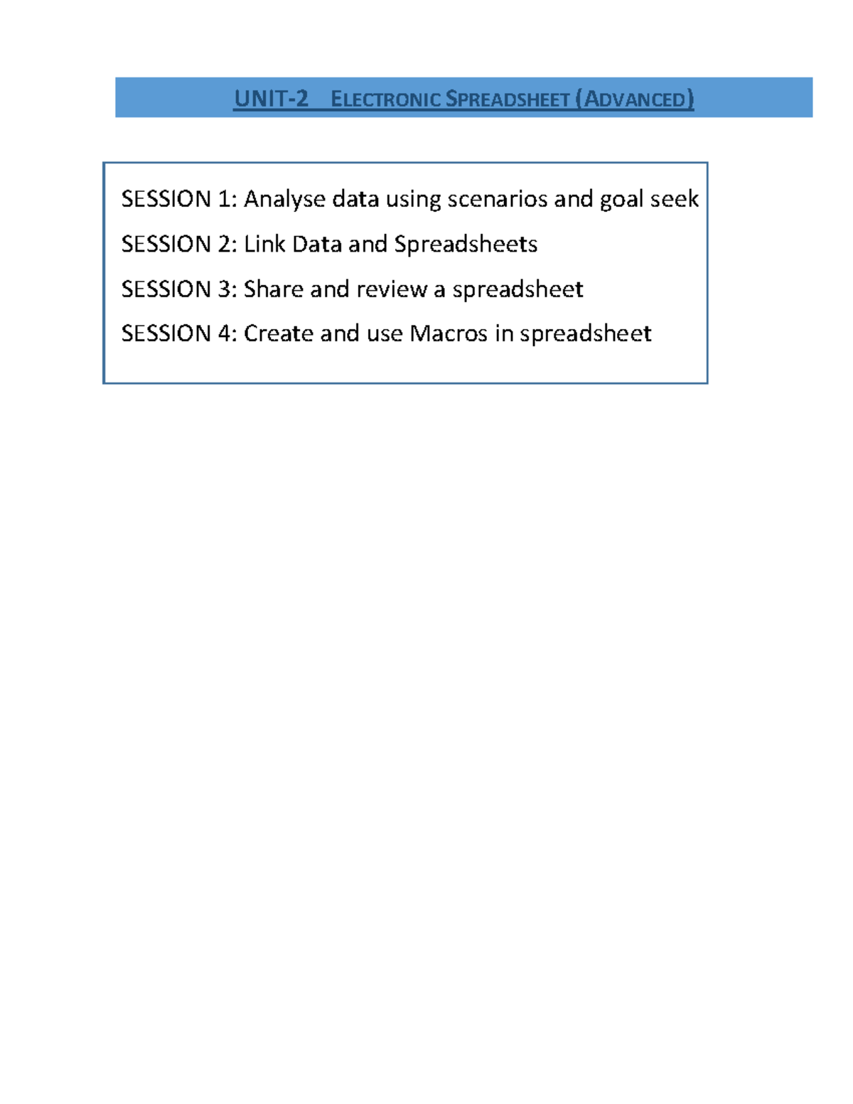 UNIT 2 Electronic Spreadsheet - UNIT‐ 2 E LECTRONIC SPREADSHEET ...