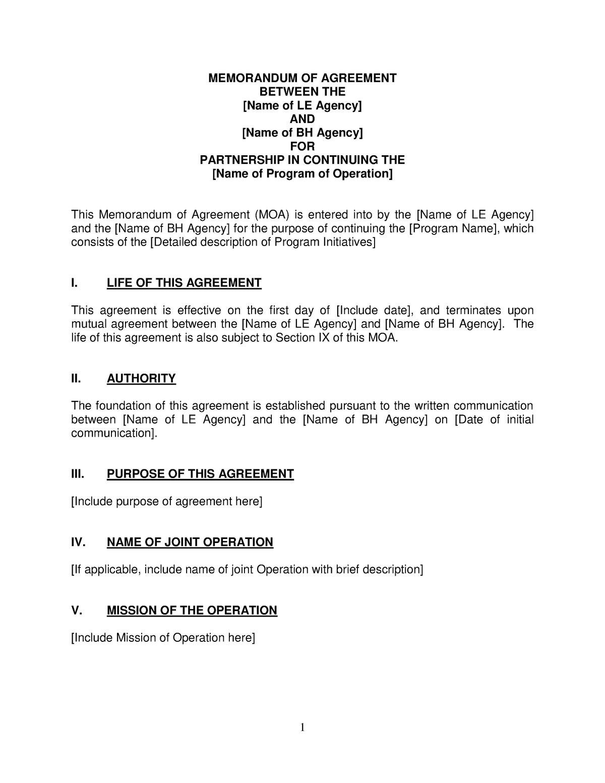 Template Memorandum Of Agreement Memorandum Of Agreement Between The Name Of Le Agency And 1109