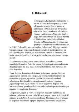 Baloncesto - Nota: 10 - El Baloncesto El básquetbol, basketball o baloncesto  es hoy en día uno de - Studocu