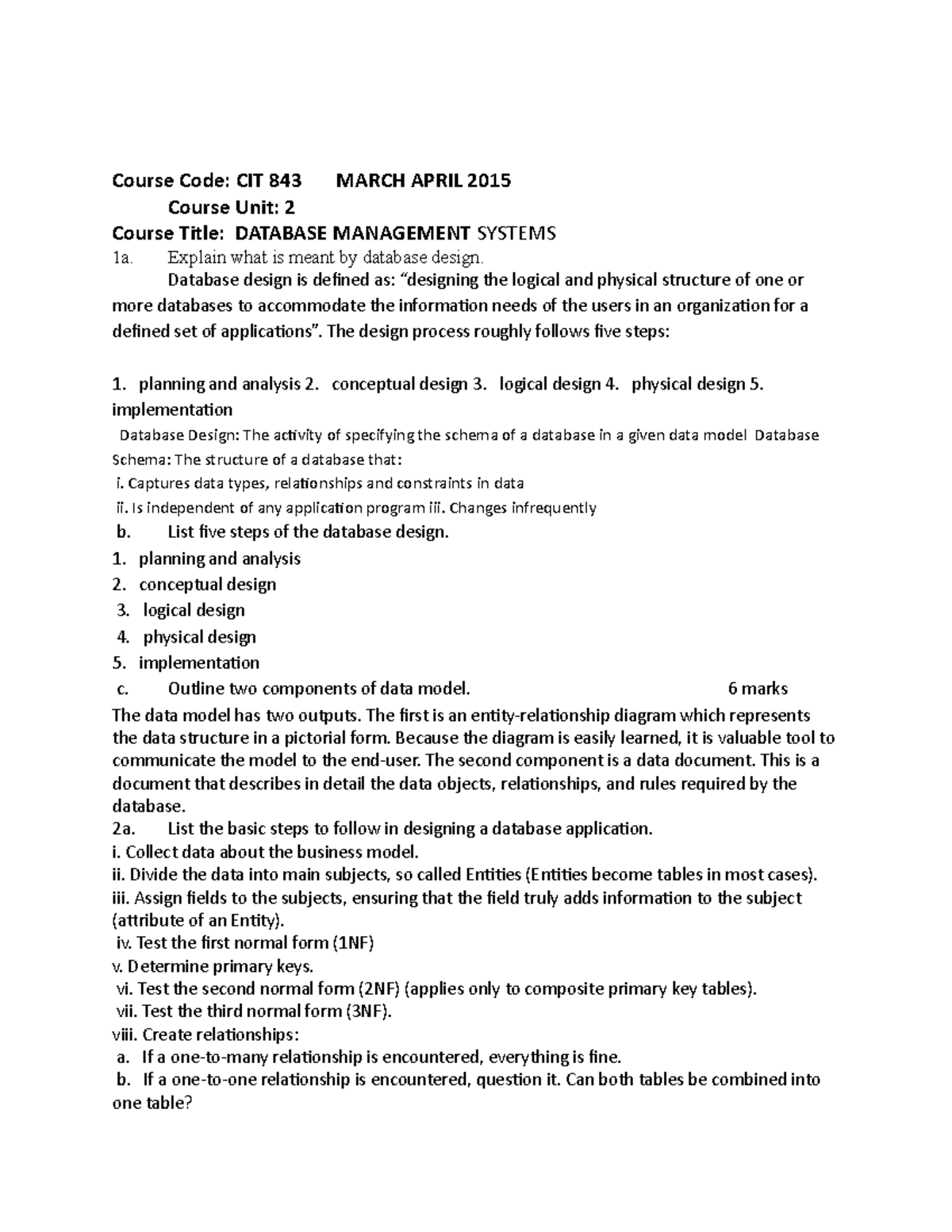 DBMS solutions for past question papers - Course Code: CIT 843 MARCH ...