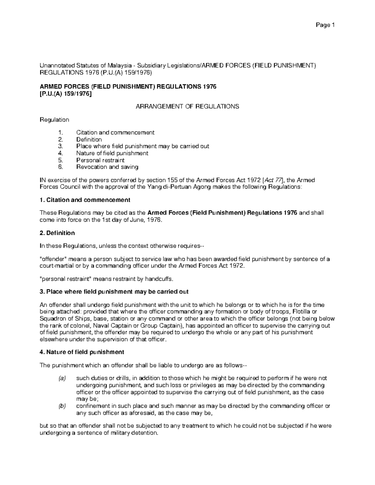 AFA 1972 Field Punishment Unannotated Statutes of Malaysia