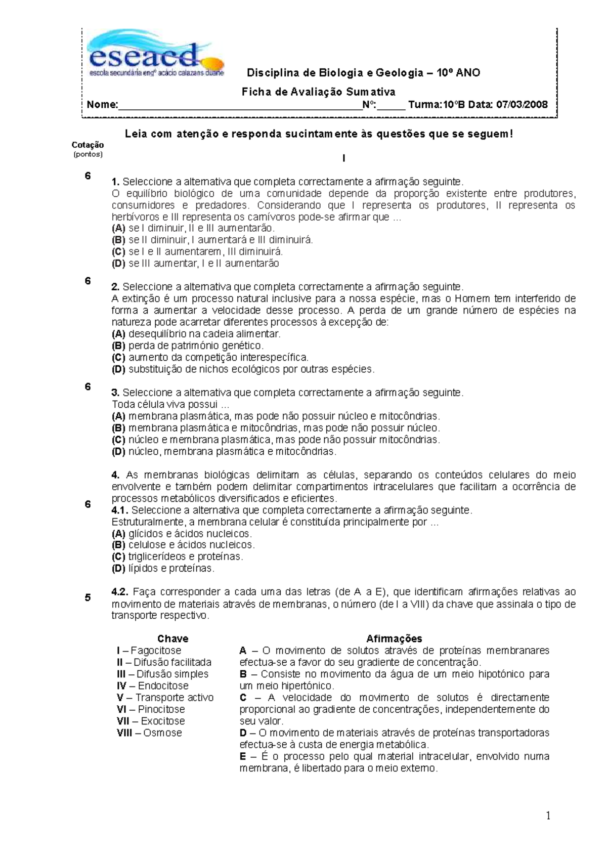 Ficha 2 com soluç de Bio 10 - - Studocu